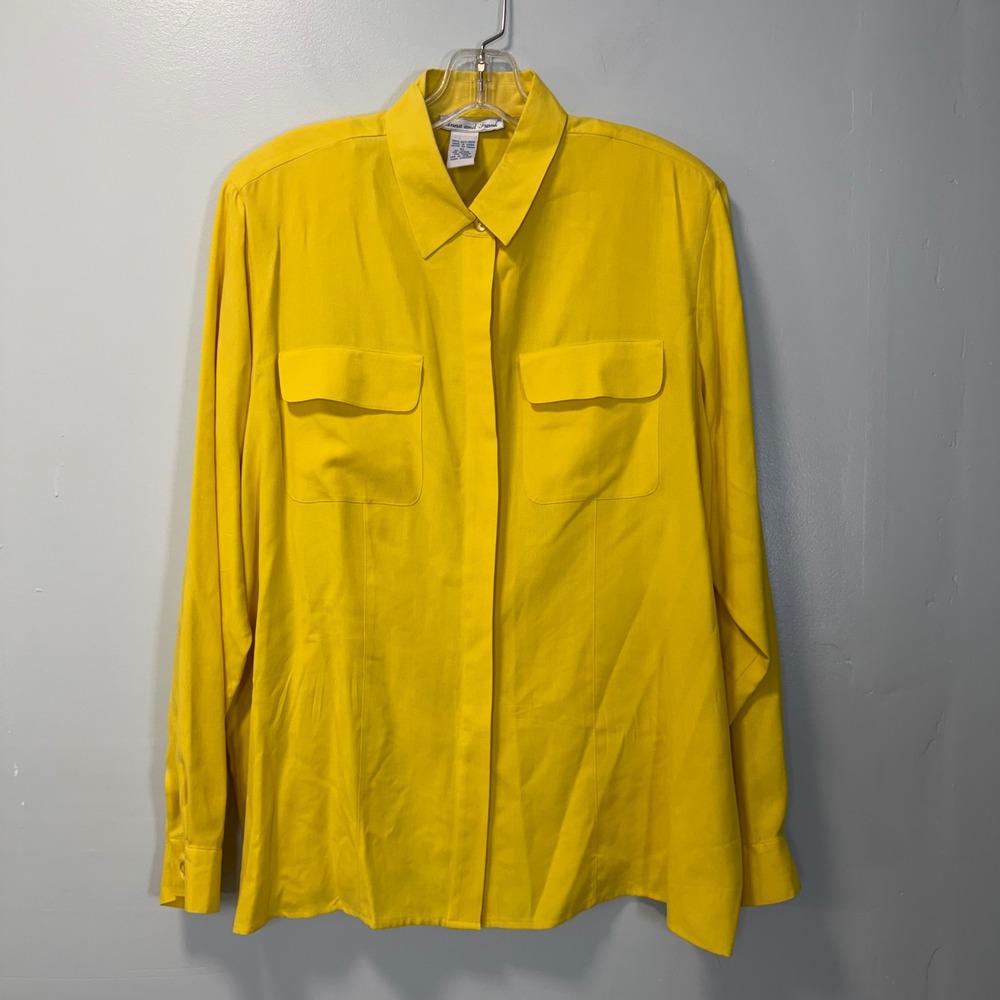 Anna and Frank Vintage Silk Button Down Shirt  Shoulder Pads Yellow XL